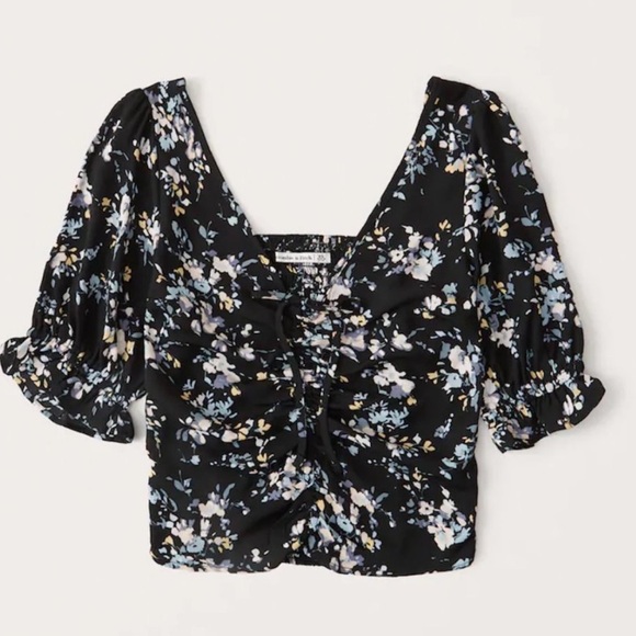 A&F Cinched Front Puff Sleeve Top, Black Floral - Picture 1 of 3